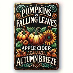 Vintage Pumpkin & Falling Leaves Metal Tin Sign. Approx. 12 x 8. New in Package.